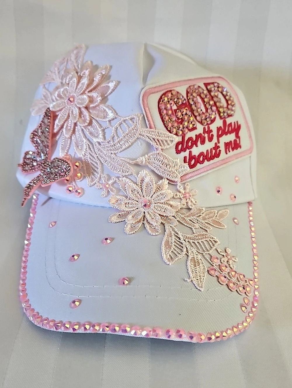 Embellished Pink & White Hat